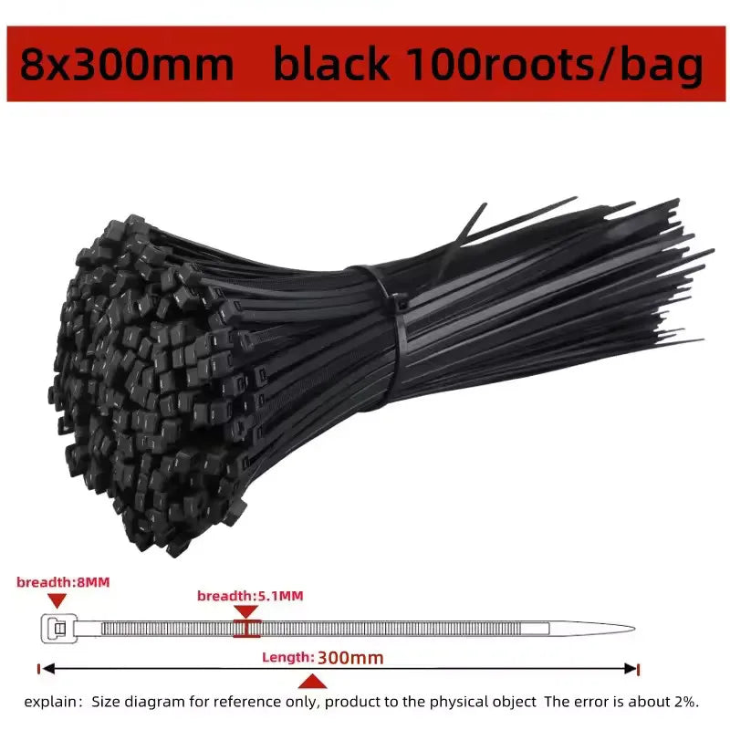 100 PCS Self-locking Plastic Nylon Tie Black Fastening Strap Cable-Tie-Set Cable Zip Tie Fastening Ring Zip Wraps Strap Tie