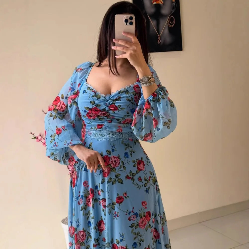 2025 Spring/Summer New Women's Clothing Middle East Chiffon Printed Lace Lace Dress Long Sleeve Bubble Sleeve and Ankle