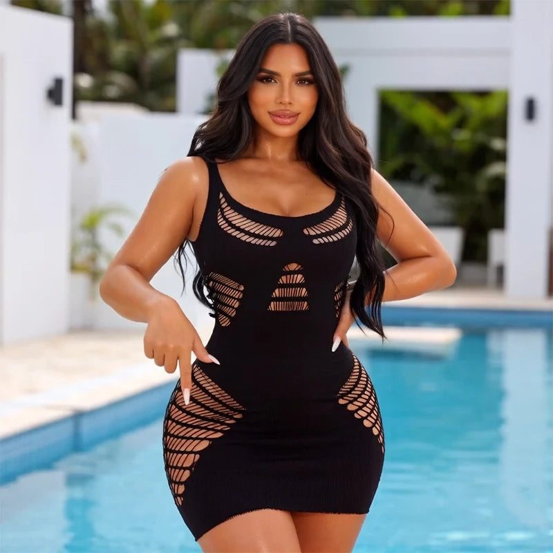 Women Summer Beach Cover Up Hollow Out Beachwear Bodycon Dress Without Underwear Sheer Mesh Fishnet Music festival Swimsuit