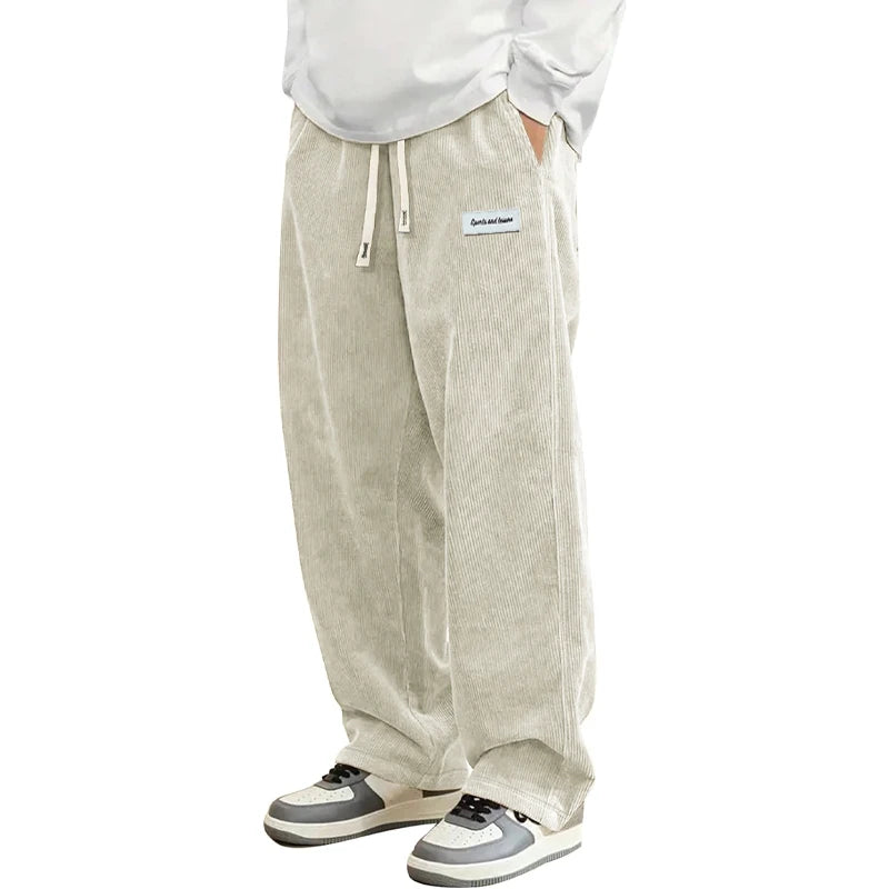 Autumn Mens Corduroy Casual Pants Fashion Loose Fit Pants Straight Sweatpants Elastic Waist Drawstring Outdoor Streetwear
