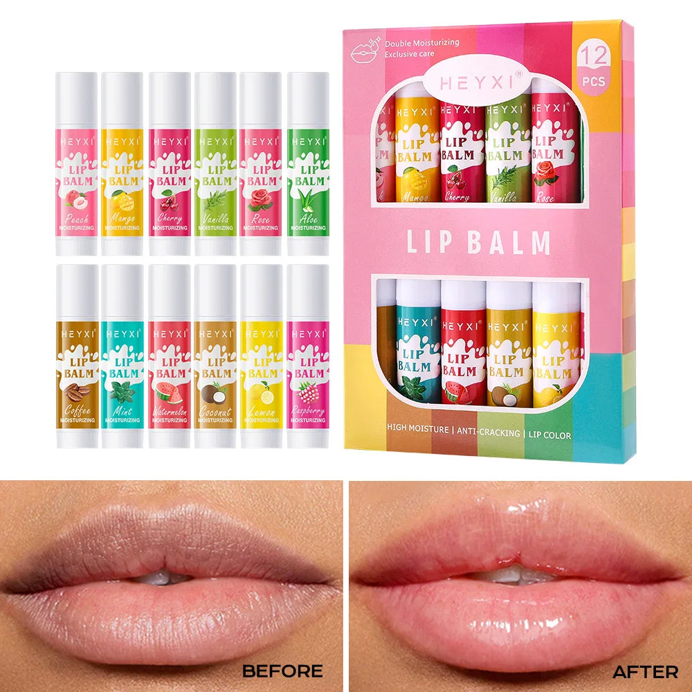 6/12Pcs Lip Balm Set Fruit Flavored 12Flavors Natural Lip Balm for Dry Cracked Lips Long Lasting Lip Care Products