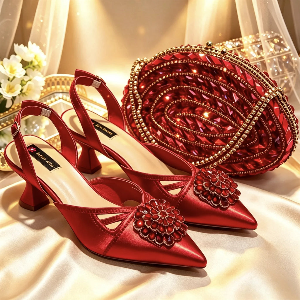Shimmery Glitter Slingback Women High Heels Fuchsia Shoes and Matching Bag Set Rhinestone Wedding Party Banquet Events