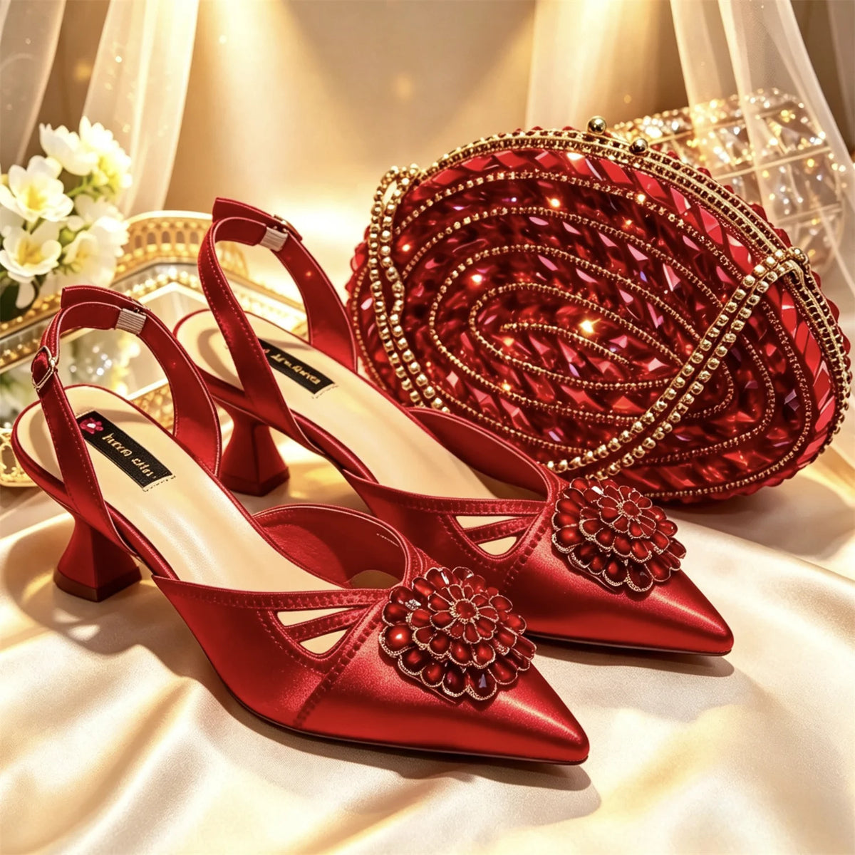 Shimmery Glitter Slingback Women High Heels Fuchsia Shoes and Matching Bag Set Rhinestone Wedding Party Banquet Events