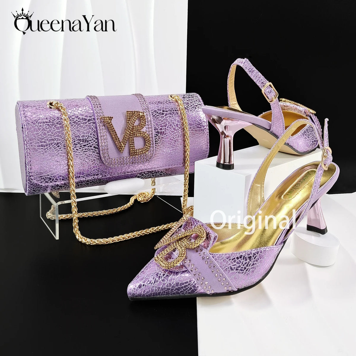 2026 Orange Slingback Shoe & Bag Set Rhinestone VB Letter Decor Pointed Toe High Heels for Wedding Evening Party Occasions