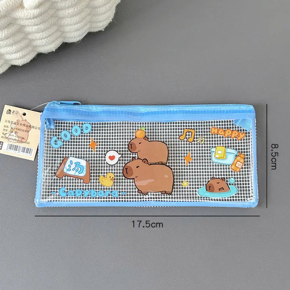 Cartoon Capybara Pencil Case Transparent Waterproof Zipper Pen Pouch Large Capacity Stationary Organizer Bag School Supplies
