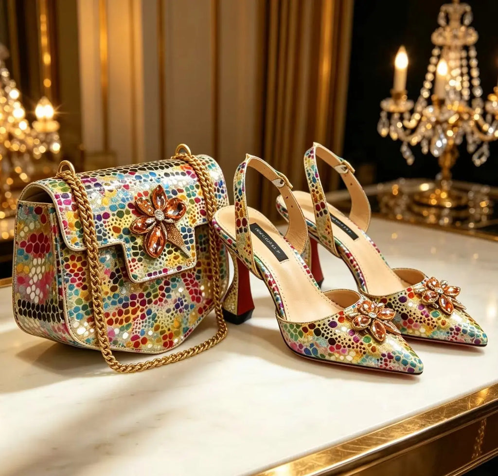 Venus Chan Elegant Rhinestone Heels & Matching Bag Set, Colorful Print Pointed Toe Block Heels for Banquet Club Night