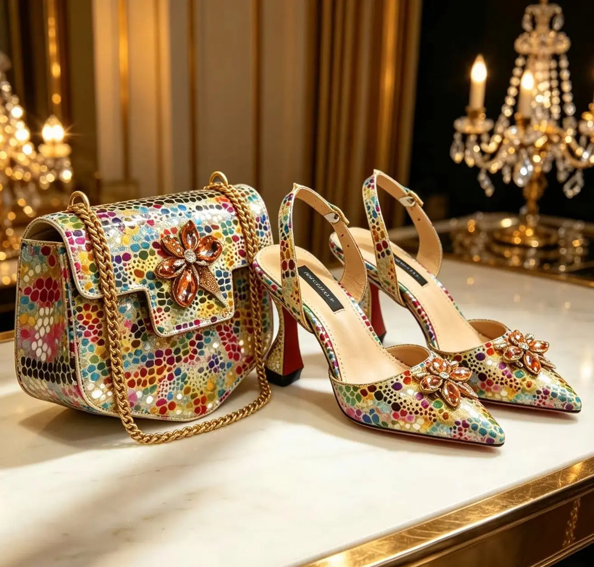 Venus Chan Elegant Rhinestone Heels & Matching Bag Set, Colorful Print Pointed Toe Block Heels for Banquet Club Night
