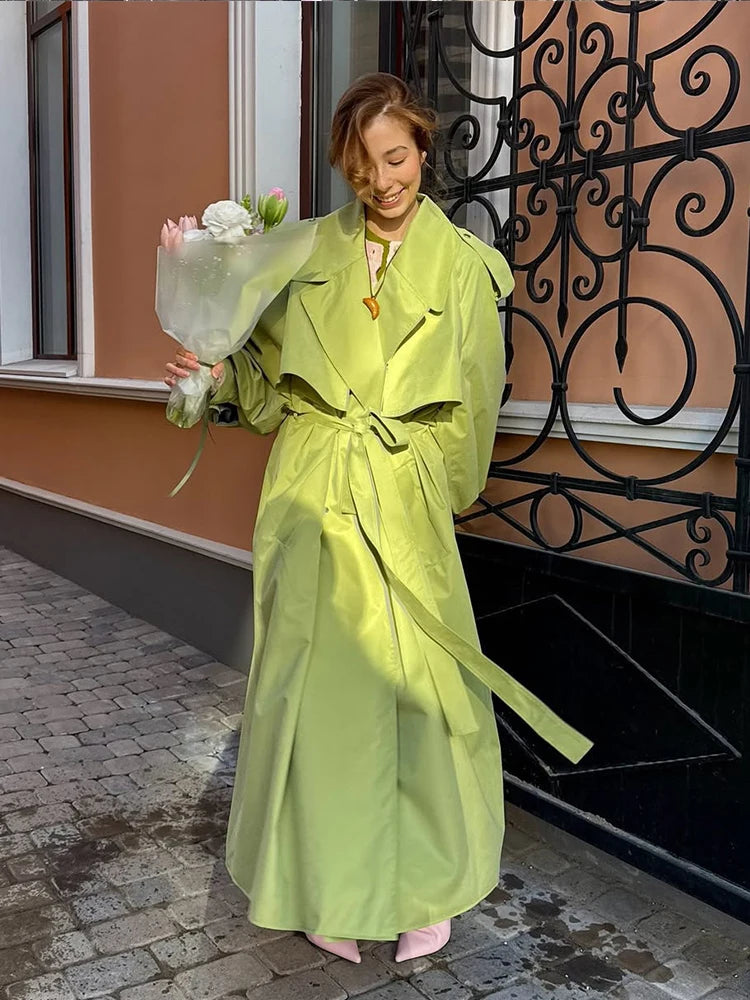 Women Oversized Long Windbreaker Outerwear Lime Green Stand Collar Loose Pocket Trench Coat 2026 Y2k Autumn Chic Female Clothing