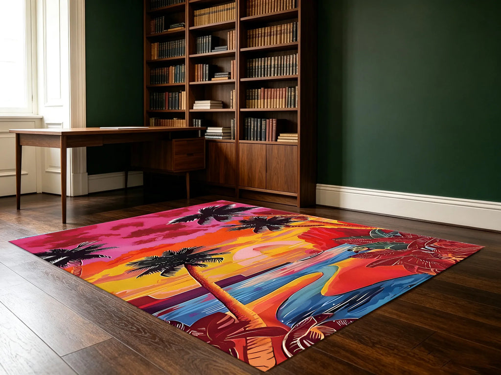 Large Area Rug Retro Contrasting Palm City Print Soft Velvet Living Room Bedroom Home Decor Area Rug