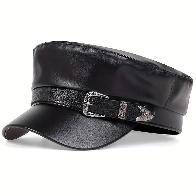 Women's Fashion Leather Beret with Large Belt Buckle – Spring/Autumn Flat Top Captain Military Cap, Unisex Sailor Hat