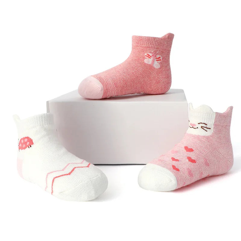 6 Pairs Girls Socks Cartoon Flower Heart Pattern Non-Slip Floor Socks for Kids Baby Toddler All-Season