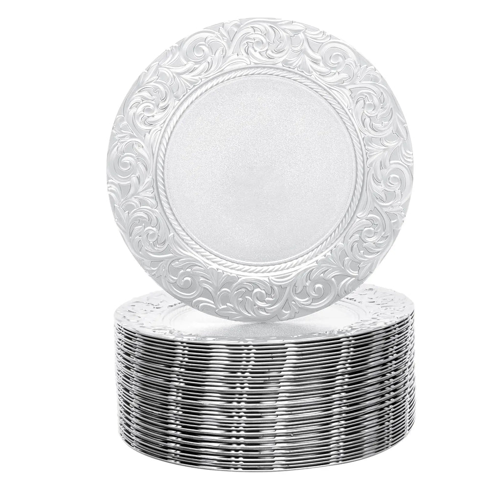 Thanksgiving day Gift 100 Pcs Silver Charger Plates Bulk, 13 In Round Charger Plates, Reusable Serving Silver Plate Chargers wit