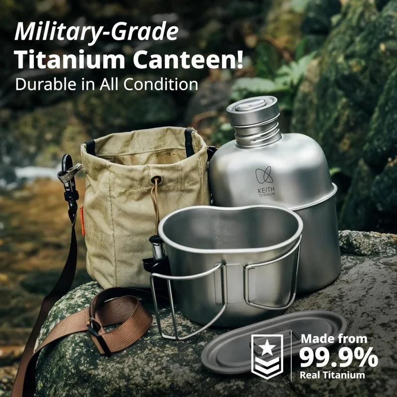 Professional Military Titanium Water Bottle 1100ml with Pot 700ml - Keith Pure Ti Canteen Kit for Outdoor Camping Hunting Emerge