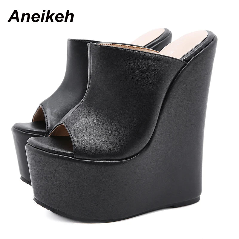 Aneikeh Summer Fashion Women's Slippers Sexy Platform PU Wedges Peep Toe Rome Party Shoes Sandalias Mules 35-42 Elegant NEW 2025