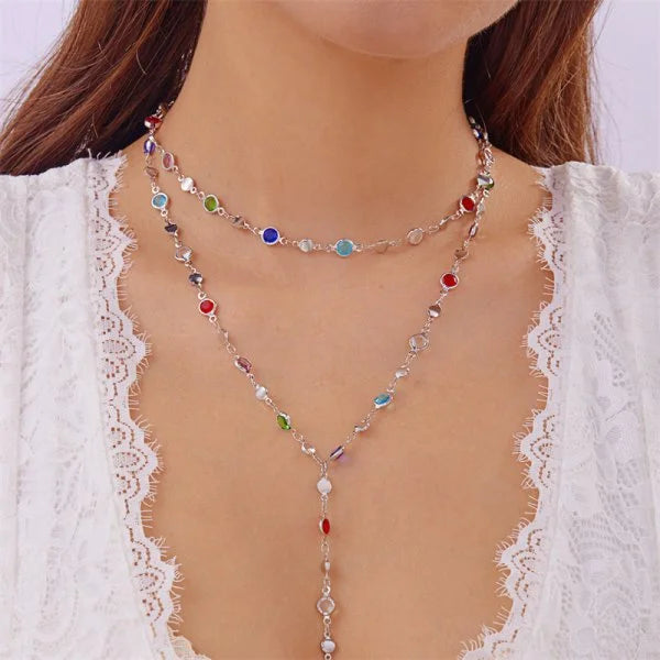 Trendy Gold Silver Color Glass Long Y-Shaped Necklace Metal Collarbone Chain Summer Holiday Party Bohemian Body Jewelry Gifts