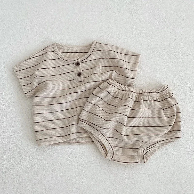 Children's Clothing 0-3 Year Old Summer New Striped Pure Cotton Boy T-Shirt Shorts Set Beach Vacation Girl Short Sleeved Set