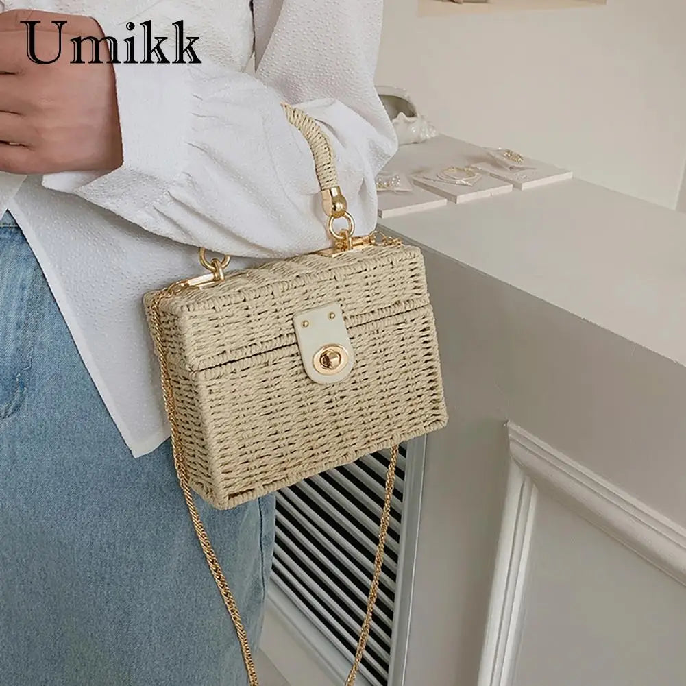 Rattan Straw Shoulder Bag Women Boho Hand-Woven Basket Messenger Pouch Summer Beach Square Box Top-handle Handbag