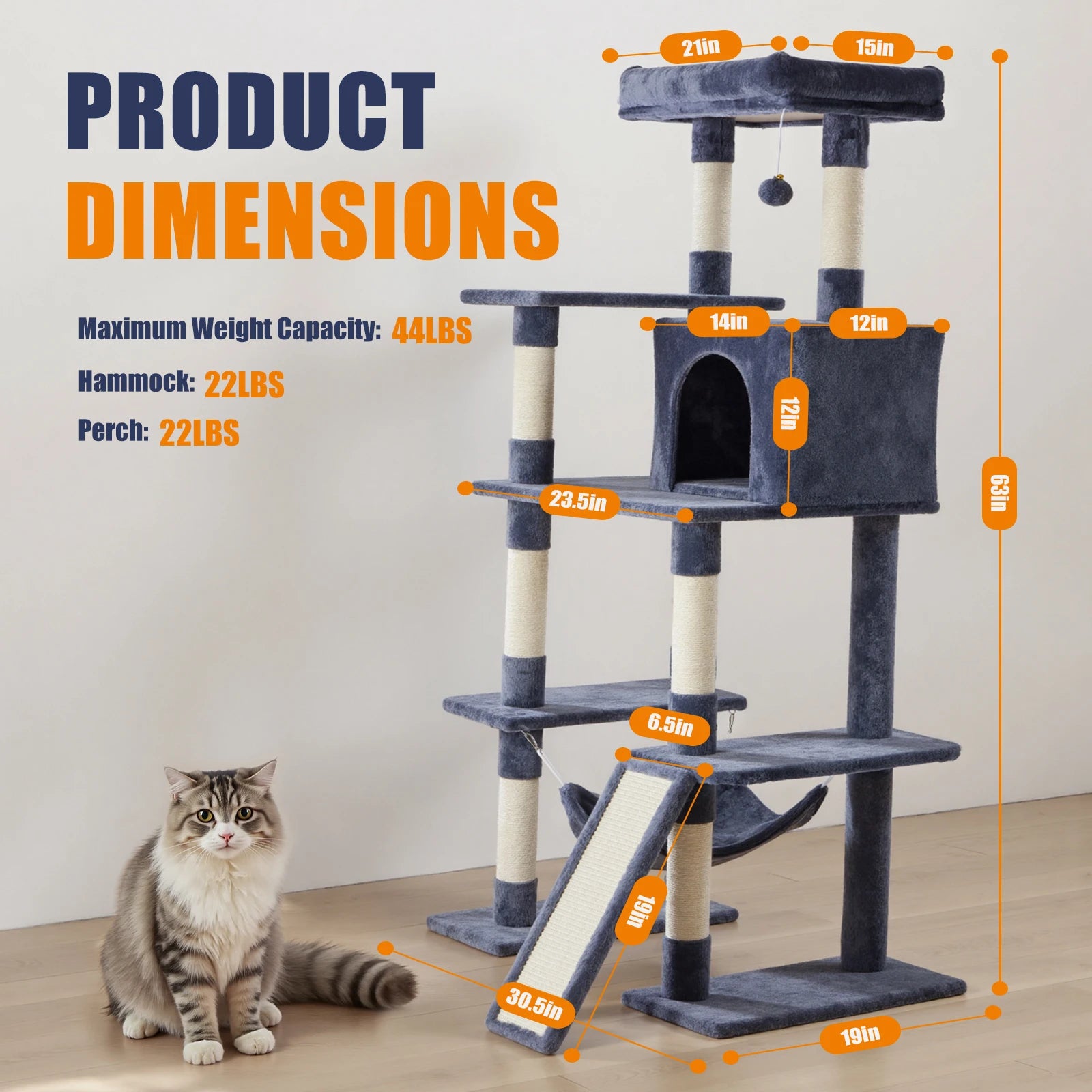 JHK 63In Cat Tree Tall Multi-Cat Climbing Tower for Pet Furniture Natural Sisal Scratching Posts Stable Pet House for Indoor Cat