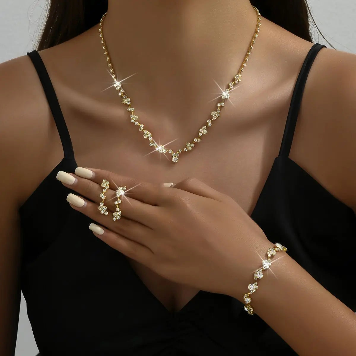 Classic sparkling rhinestone necklace, earrings, bracelet, three piece set suitable for sweet afternoon tea date outfit