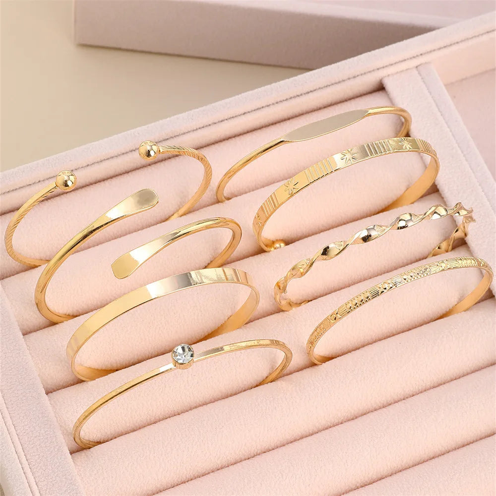 8pcs/set Fahsion Twist Texture Crystal Geometric Bangles Bracelets Set for Women Statement Jewelry Accessories