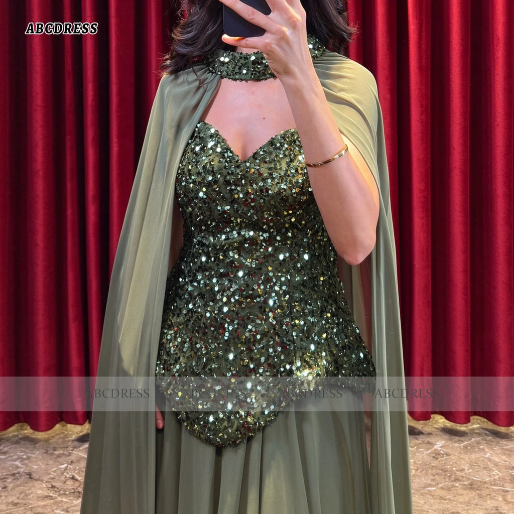ABC Customized Luxury Olive Green Halter Neck Evening Dress robes de soirée Sequin Sweetheart Cape Sleeve A Line Formal Gown