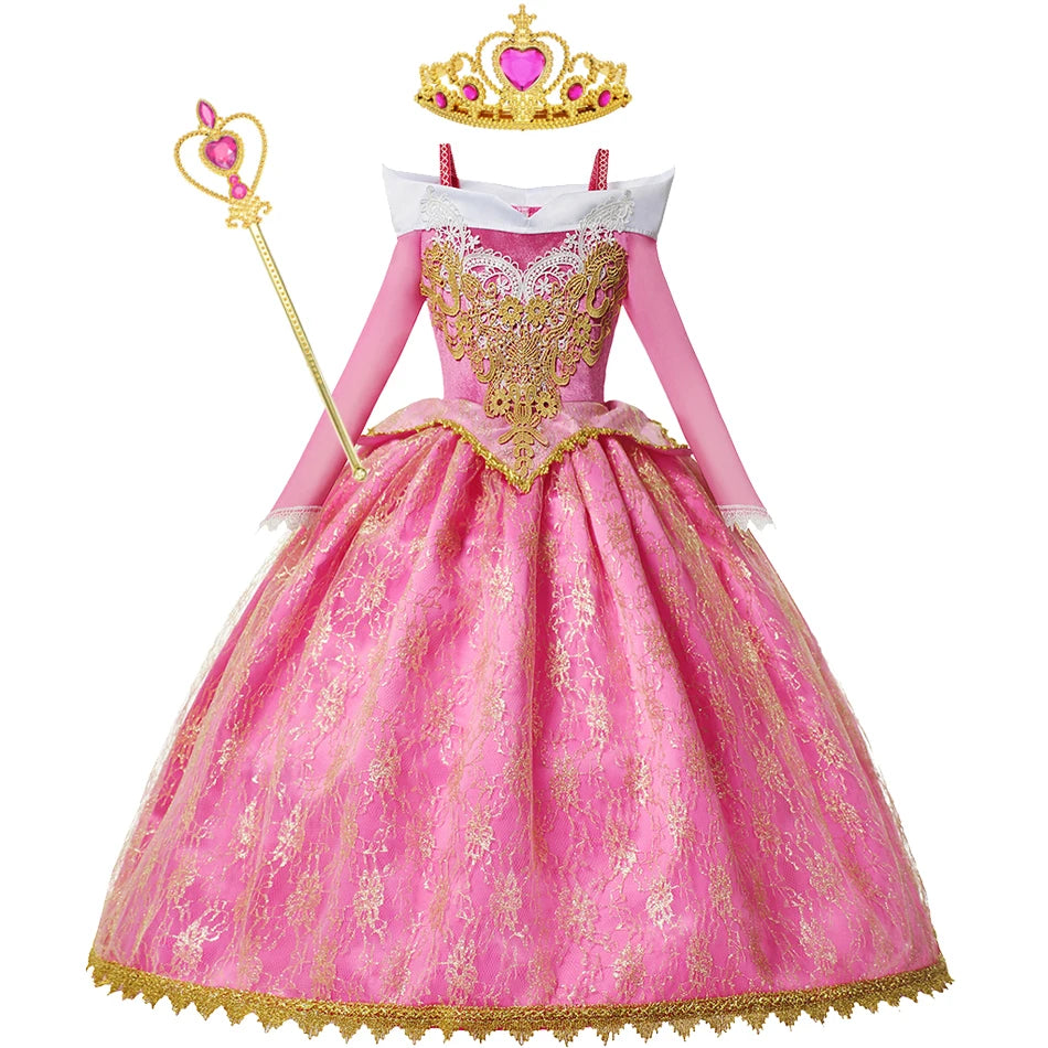 Sleeping Beauty Aurora Pink Gown Long Sleeve Princess Costume for Girls Carnival Birthday Party Cosplay Evening Dress 2-8Y