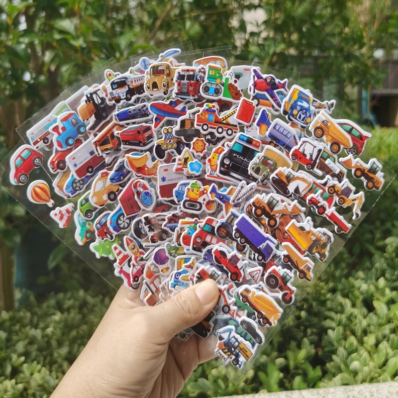 10 Sheets 3D Puffy Stickers for Kids Engineering Vehicle Excavator Stickers Cartoon Cars Stickers Toys for Children Gift for Boy