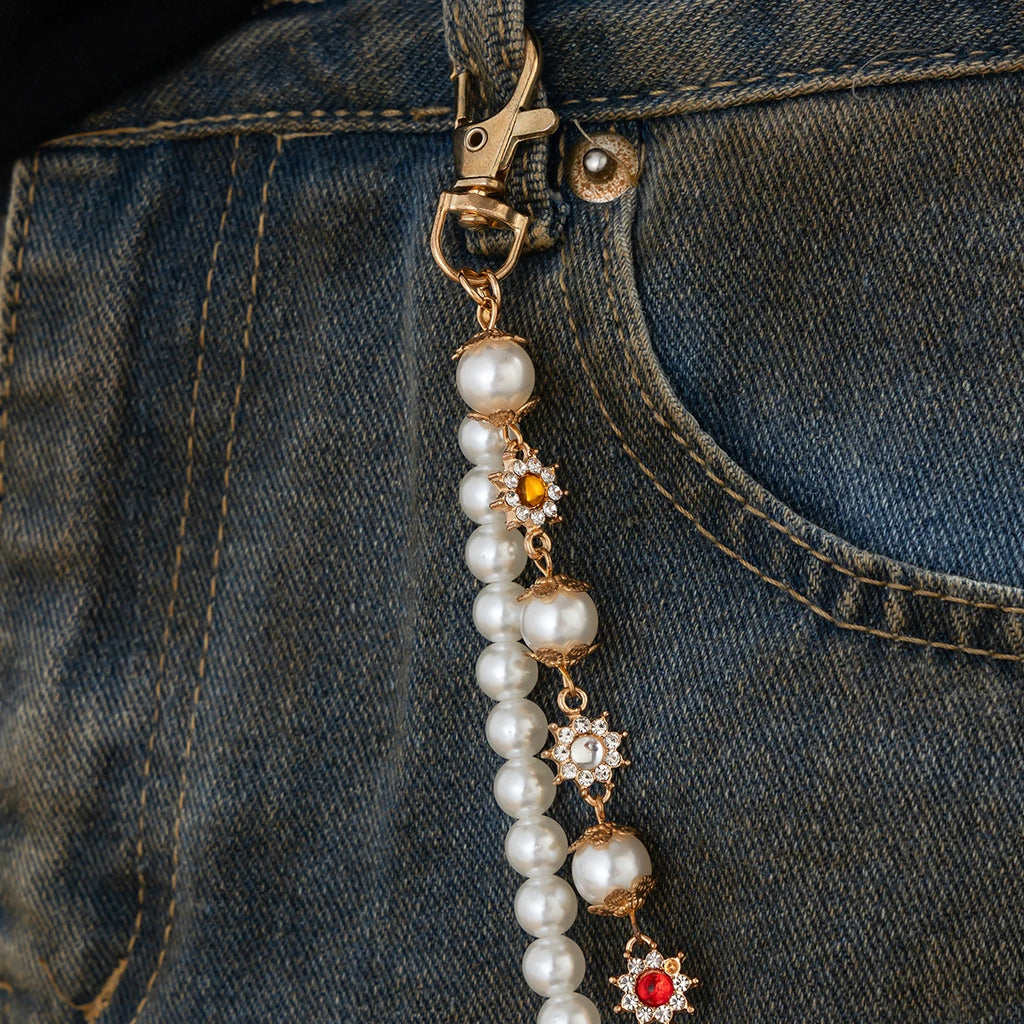 Salircon 2026 Exquisite Luxury Imitation Pearl Keychain Wallet Belt Chain Men Punk Trousers Hipster Pant Chain HipHop Jewelry