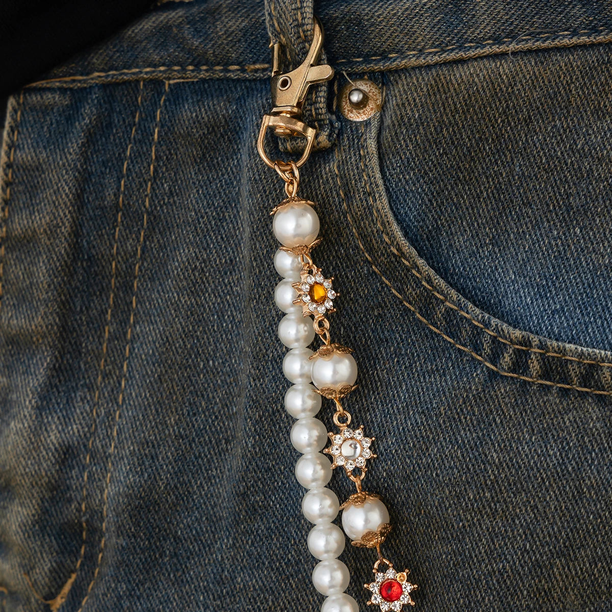 Salircon 2026 Exquisite Luxury Imitation Pearl Keychain Wallet Belt Chain Men Punk Trousers Hipster Pant Chain HipHop Jewelry