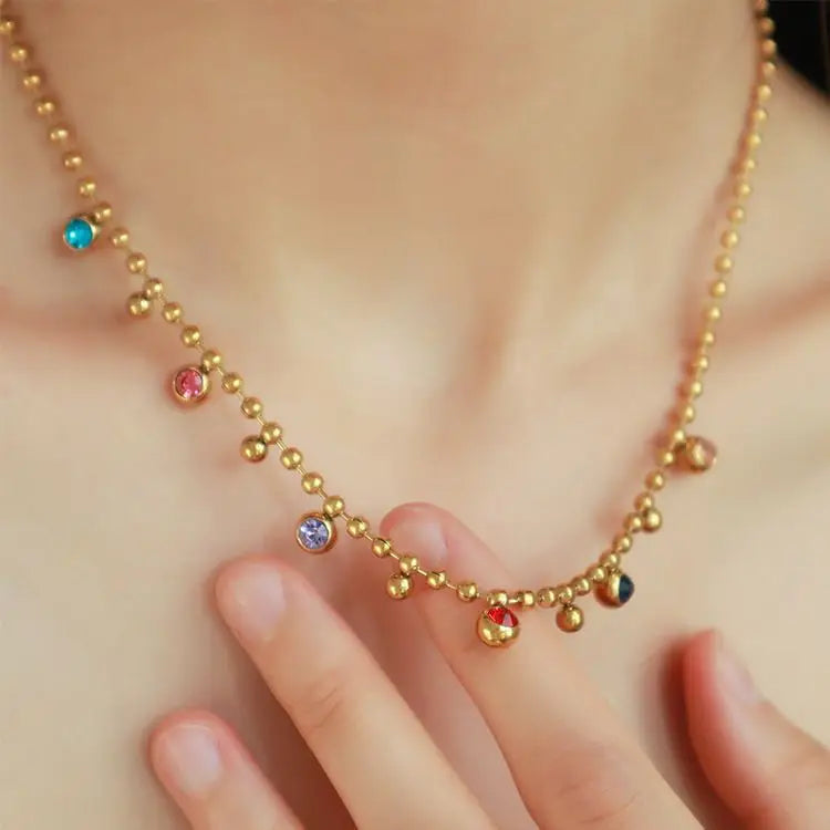 316L Stainless Steel Multicolor Crystal Zircon Necklace For Women Fashion Lady Ball Chain Wedding Party Jewelry Gifts