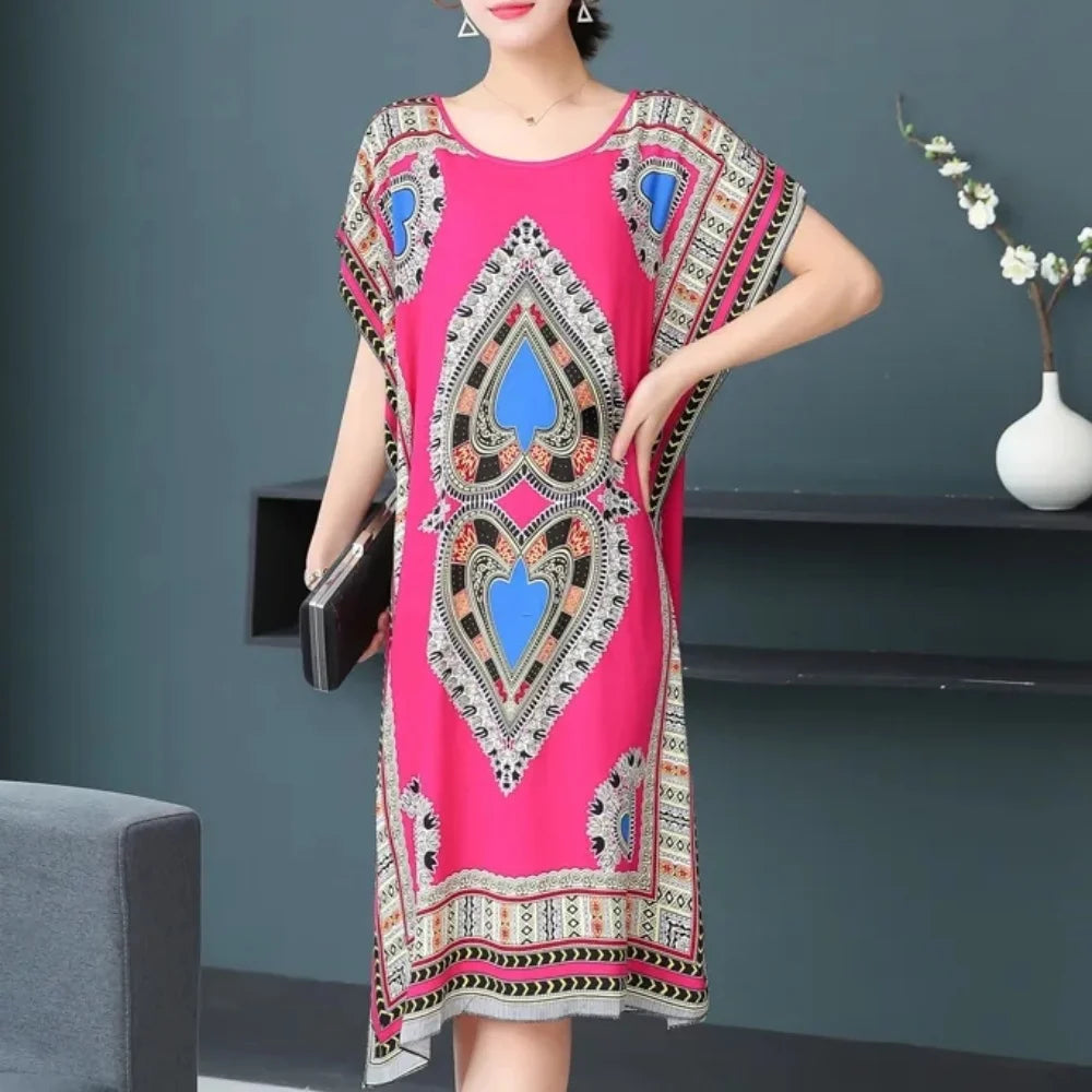 2025 Summer New Casual Elegant Retro Bohemian Style V-neck Elastic Waist Large Swing Printed Long Skirt Autumn Summer Dress