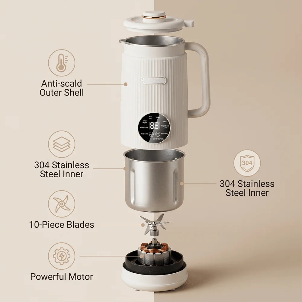 1.2L 40oz 12 In 1 Automatic Nut Milk Maker 48 Titanium Blades Plant Based Soy Milk Machine 110V US Stock Multi Functional Blender For Almond Oat Coconut Smoothie Soup Puree Beige Home Kitchen Appliance