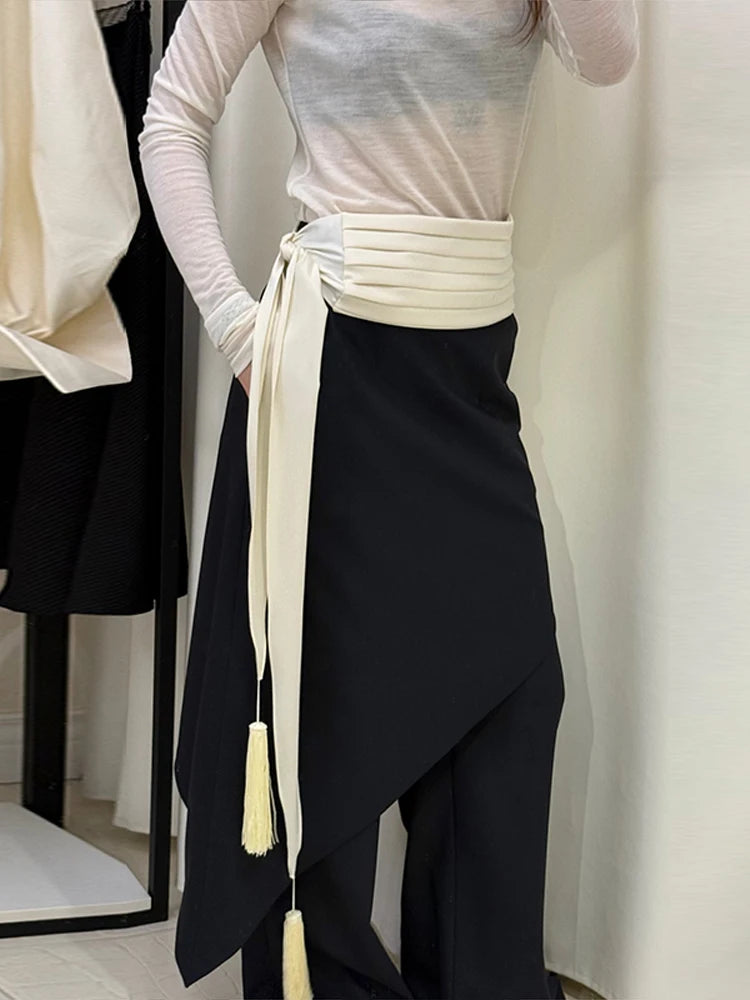 Layered Tassel Long Sash Belt Pleated Wide Waistband Wrap Tie Tassels Contrast Color Waist Accessory 2026 Trendy Women Outfits