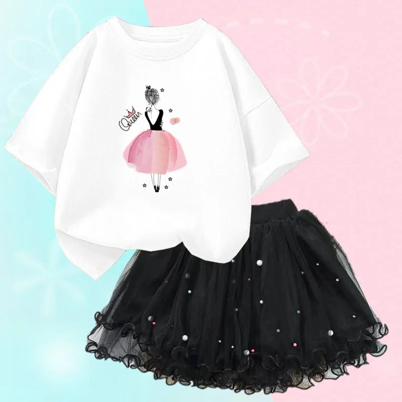 Fashion Summer Girls Outfits Pretty Ballet Dance Girl T-shirt and Tutu Skirt Set for Princess Clothes Suit Children Clothing