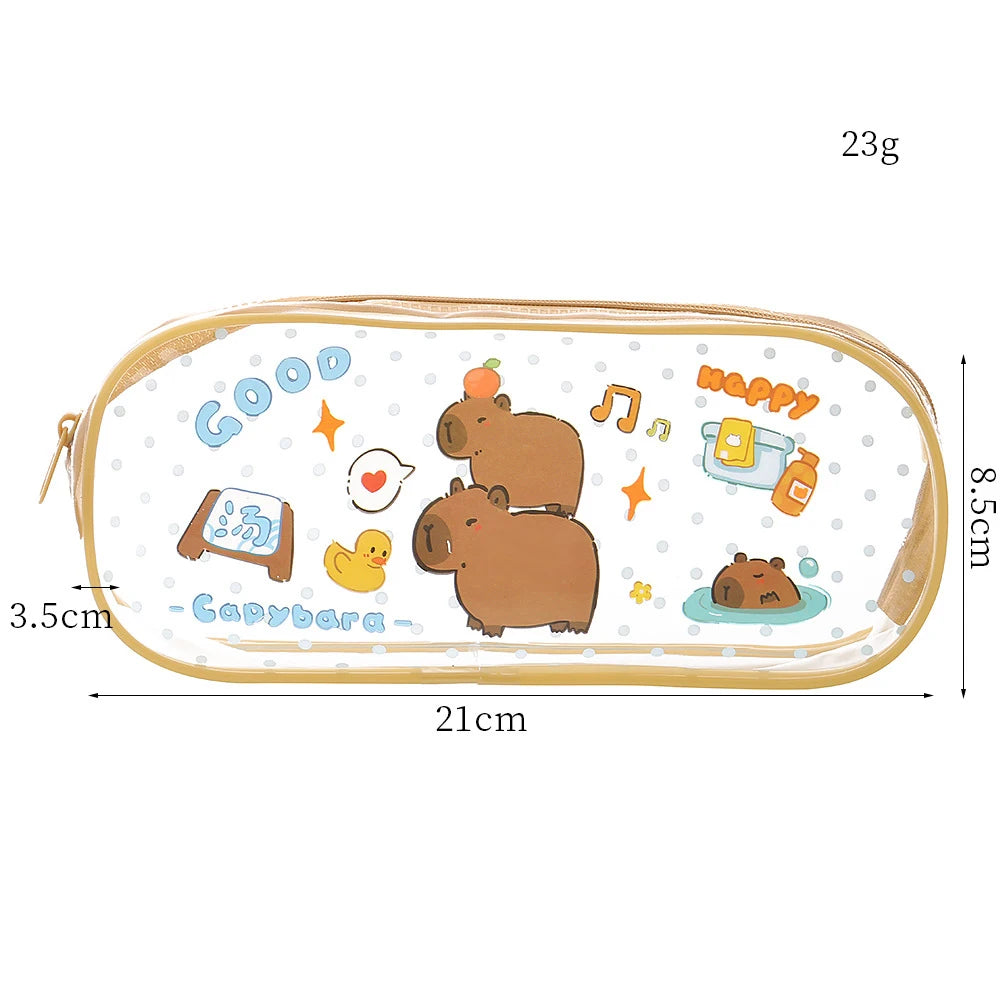 Cartoon Capybara Pencil Case Transparent Waterproof Zipper Pen Pouch Large Capacity Stationary Organizer Bag School Supplies