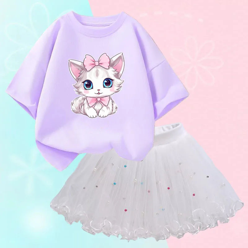 Summer Little Girls Clothing Cute Cat T Shirt& mesh Tutu Skirt Two Piece Set Fashion Korean Children Clothes Outfits 3-14years
