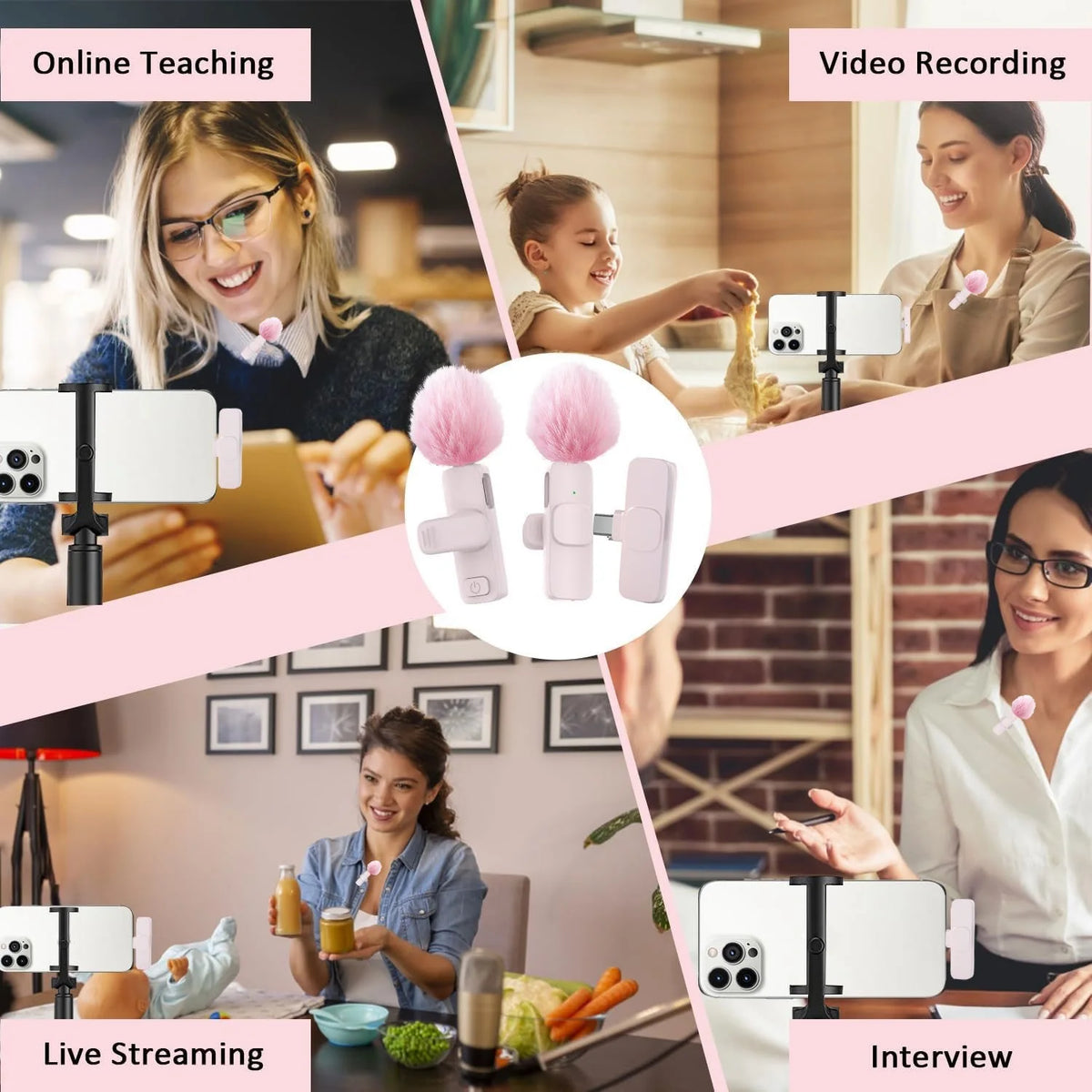 New Pink K60 Plug and Play Wireless Lavalier Microphone Portable MINI Wireless MIC For Smartphone Live Streaming/Video Recording