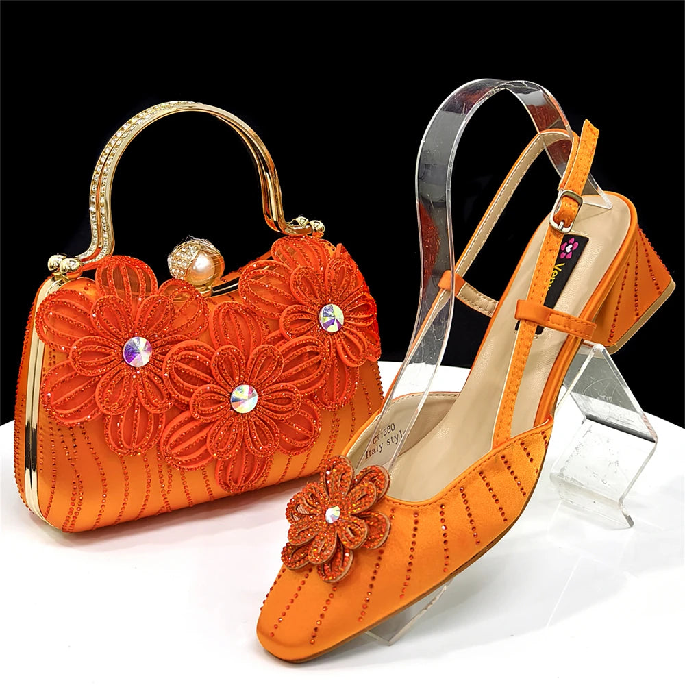 Venus Chan Italian Fashion Women's Elegant Orange Heels & Rhinestone Clutch Bag Set – Perfect for Parties and Special Occasions