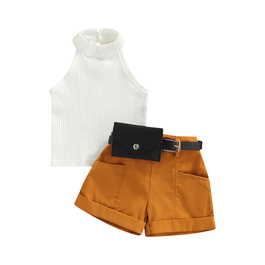 Little Girl Three-Piece Outfits Solid Color Sleeveless Ribbed Stand-Up Collar Tops + Belted Short Pants + Small Waist Pack 6M-4T