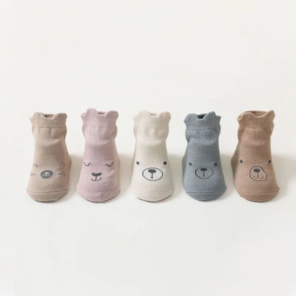 5 Pairs/lot Baby Non Slip Floor Sock 5colored Of Bear Print Infant Girl Cotton Socks Solid Autumn Anti Slip Children's Knee Sock