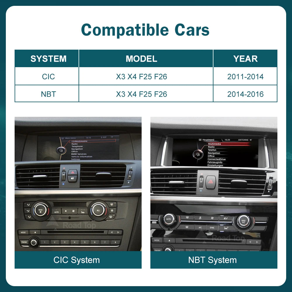 RoadTop 12.3'' Wireless CarPlay Multimedia Linux Touch Screen For BMW X3 F25 X4 F26 2011-2016 CIC NBT Android Auto Link