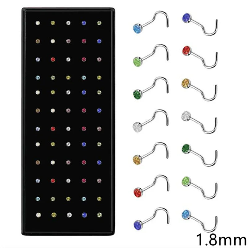 60Pcs Fashion L Shape Rhinestone Crystal Stainless Steel Nose Piercing Ear Bone Women Hypoallergenic Body Jewelry Piercing