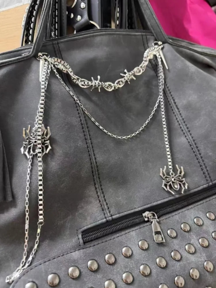 Y2K Gothic Lolita Girl Dark PU Leather Shoulder Bags Totes Harajuku Women Pin Chain Punk Cross Messenger Bag Handbags