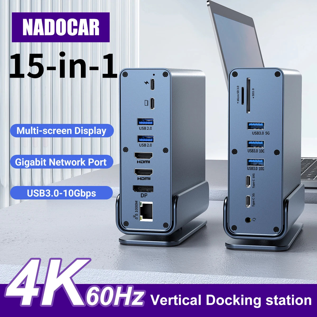15 In 1 USB-C Docking Station，Type-C 4K60Hz HUB With HDTV*2+PD 100W+USB 2.0/3.0+SD+TF+RJ45 Ethernet+3.5 mm Audio+VGA For Laptop