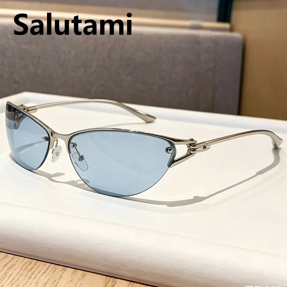 New Silver Y2K Metal Cat Eye Sunglasses Women Fashion Half Frame Clear Gradient Shades UV400 Men Trending Sun Glasses Uv400