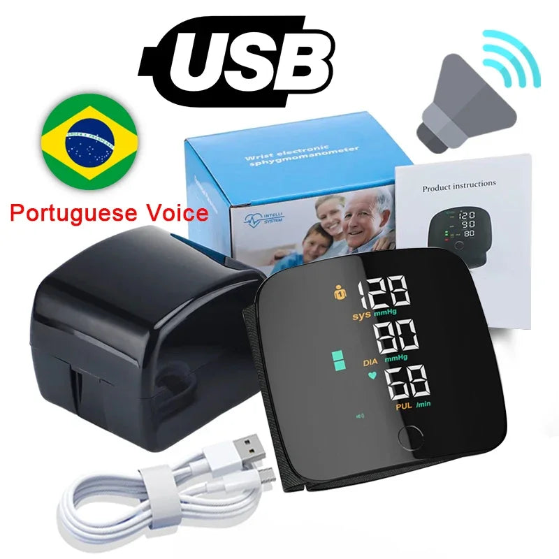 New LED Wrist Blood Pressure Monitor Rechargeable English/Spanish/Russian Voice Broadcast Sphygmomanometer Tonometer BP Monitor