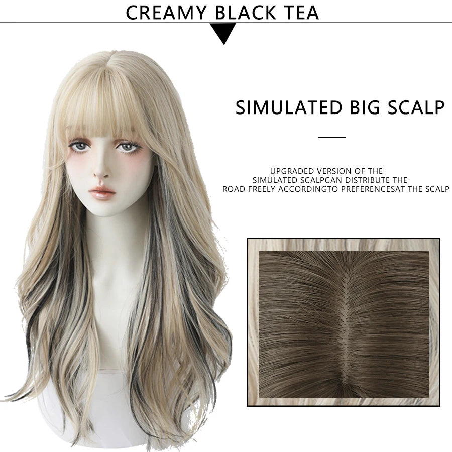 7JHH WIGS Long Wavy Curly Black Blonde Wig for Women Natural Highlight Synthetic Blend Wigs with Bangs Heat Resistant Hair Wig
