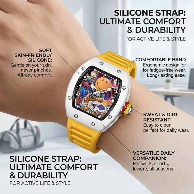 1 piece cute smiling face colorful pattern yellow strap square watch fashion personality trendy daily wear wristwatch