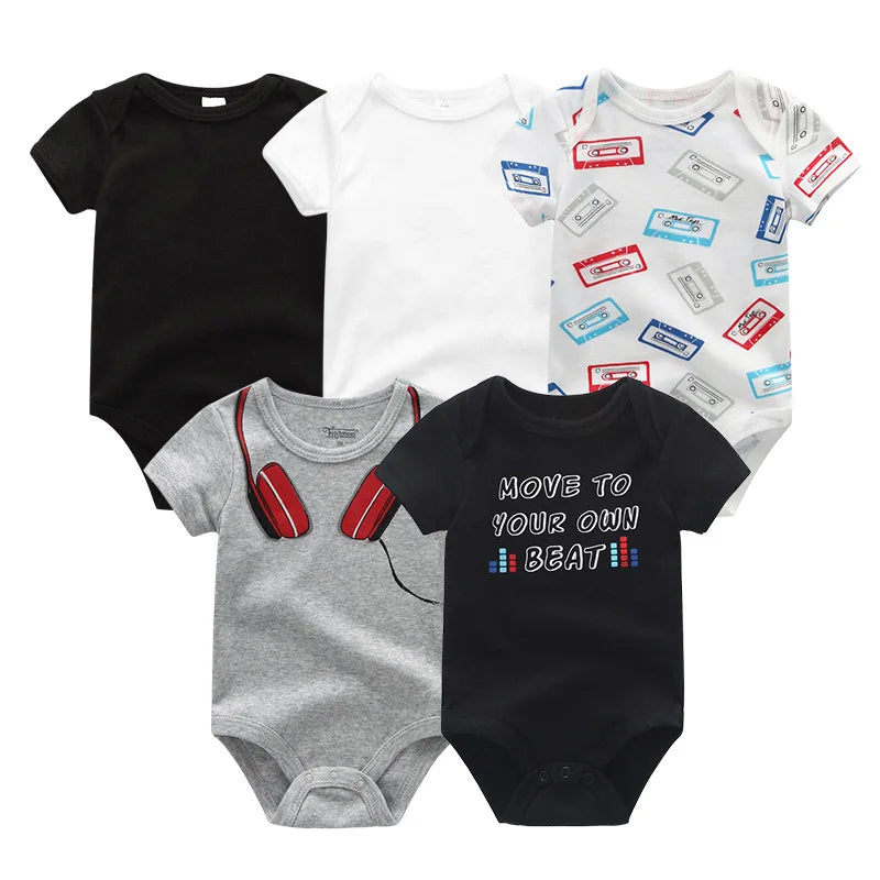 Newborn Bodysuits Unisex 5Pieces Baby Girl Clothes Solid Color Cotton Baby Boy Clothes Set Cartoon Print Summer Bebes