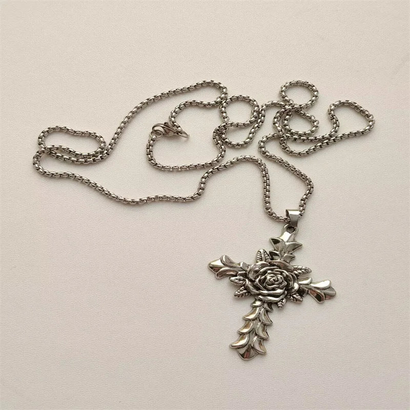 Vintage Cross Pendant Necklace Unisex Versatile Simple Long Sweater Chain Hip Hop Accessory